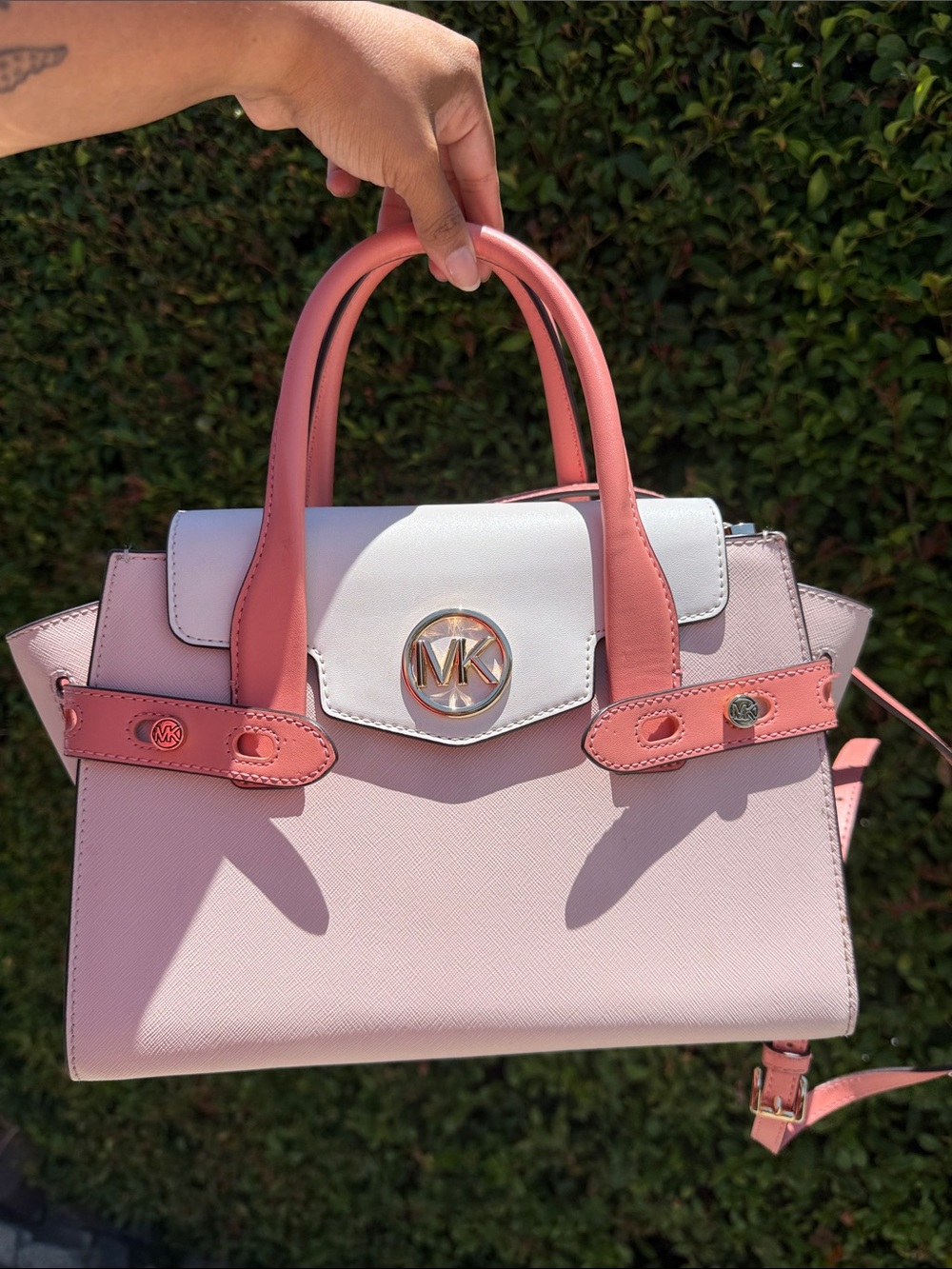 Michael Kors Pink and White Saffiano Leather Satchel